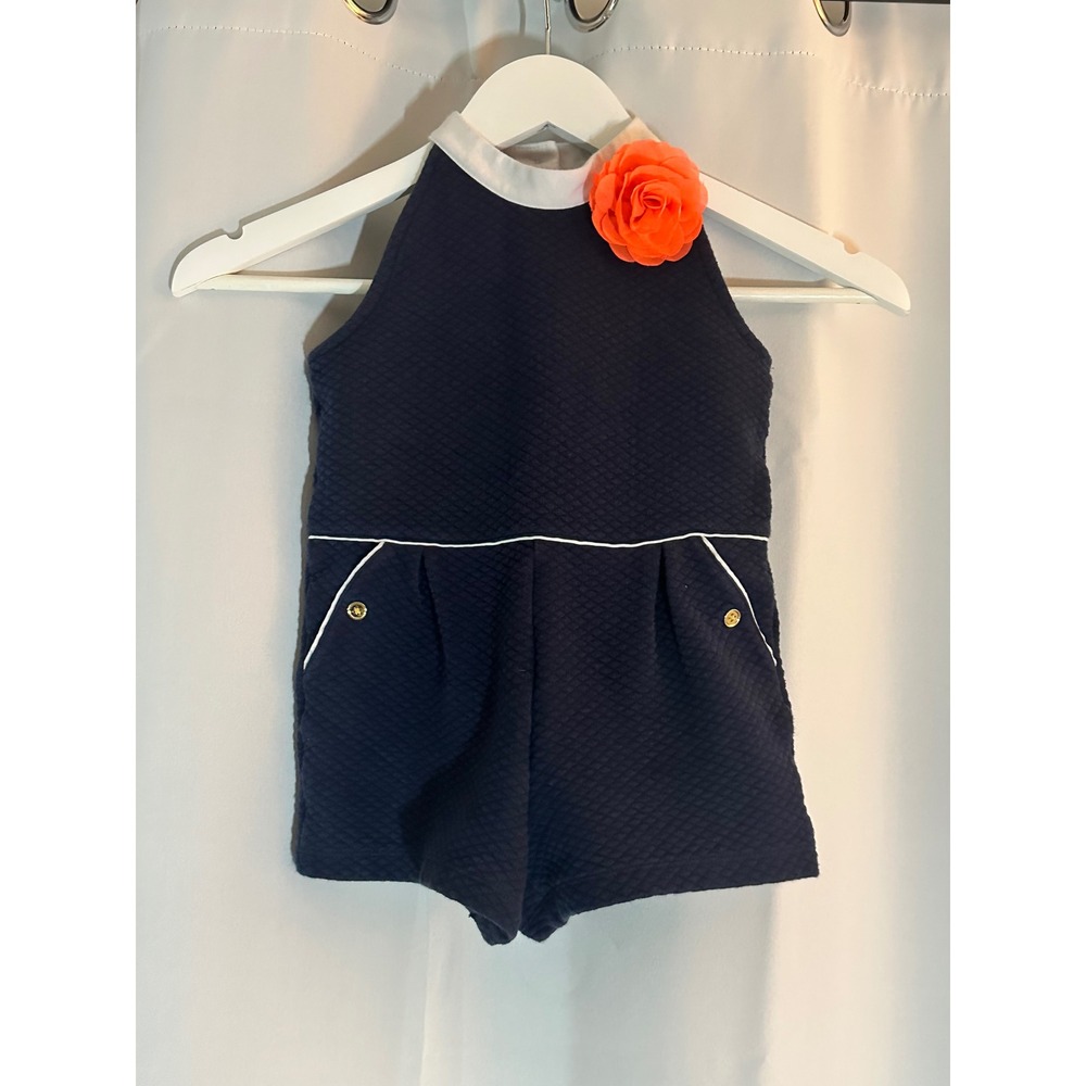 Janie and Jack Romper Quilted Pockets‎ Flower Navy Sailor Nautical Blue Size 4